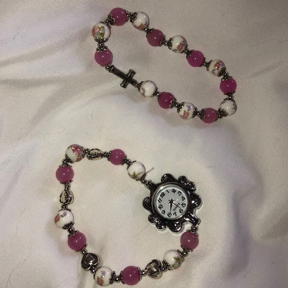 cross and beaded watch with matching bracelet